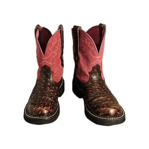 ARIAT Fat Baby Gem Baby Pink Brown Cowboy Boots 7 B Ostrich Suede Leather Roper